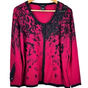 Alison Sheri Red & Black Splash Floral Knit Crochet Stud Faux Button Up Cardigan